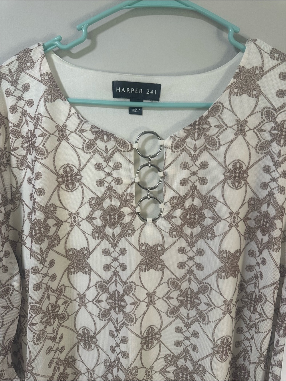 Harper Cream Tunic with Taupe Lace Motif and Triple Ring Accent